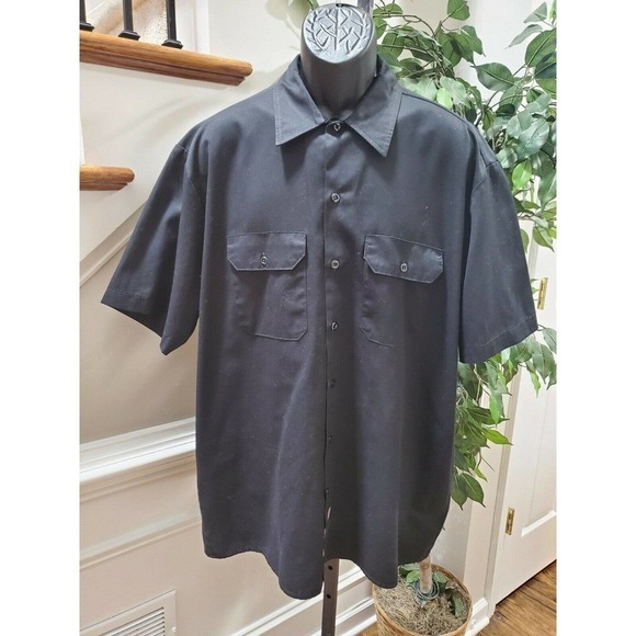 Dickies Men Solid Black Polyester Short Sleeve Collared Button Down Shirt XL - Picture 8 of 8